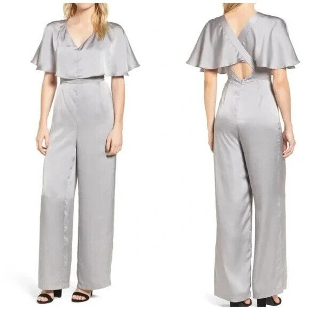 Line & Dot Tailored Satin Pas Silver Wide Leg Cross-Back Jumpsuit Women's Small